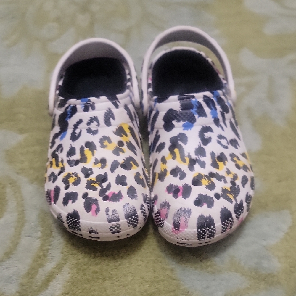 CROCS White Leopard Print Clogs with Yellow, Blue and Pink Accents